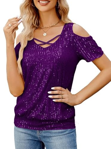 JASAMBAC Evening Tops for Women UK, Glitter Tops Festival Outfit Cold Shoulder Top Ladies Going Out Top Tunic Sparkle Dressy Blouse for Club Party Dark Purple