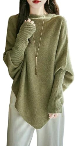 QXDZSW Dam block wrap topp med fladdermusvinge sves asymmetrisk krage lång skärm stickad tröja för höst, Grön (Matcha green), XL