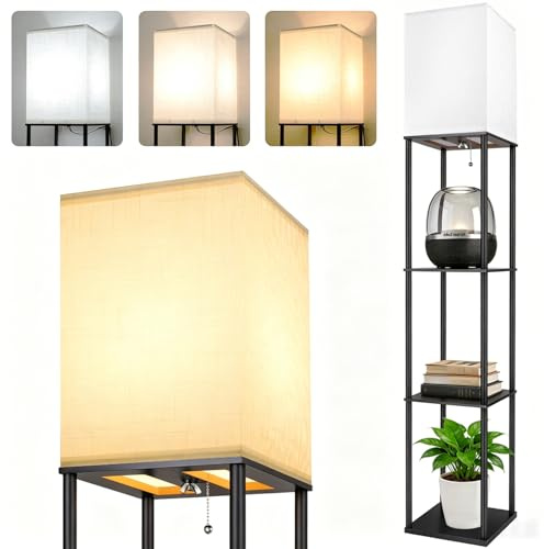 Aimosen Lámpara de Pie Madera, Lámpara de Piso 3000K-5000K con Estante, Lámpara de Lectura con Portalámparas E27, con 3 Niveles, Decoraciones Interiores Adecuado Para el Salón y el Dormitorio