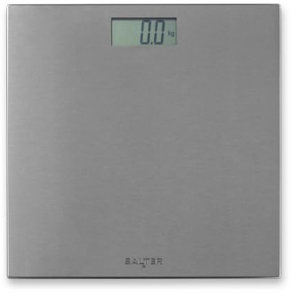 Salter digital personvåg – badrumsvåg i rostfritt stål 180 kg, LCD-display, kompakt våg, hög precision 0,1 kg, platå 30 x 30 cm step-on, grå