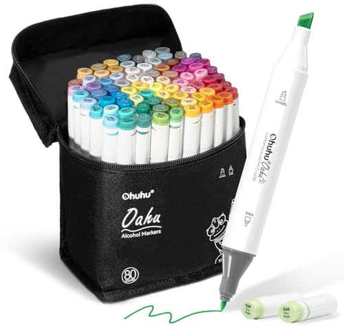 Ohuhu 80 ColoriPennarelli ad Alcool a Doppia Punta per Illustrazioni da colorare per Adulti, Ink Base di Alcool con 1 Frullatore Custodia per Pennarelli Scalpello e Fine, Serie Oahu