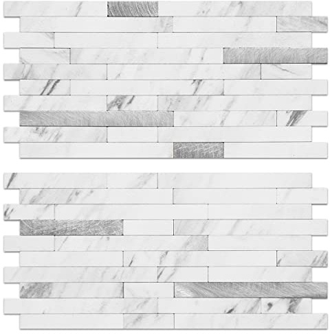 AULIGET 20 Sheets Faux Stone Peel and Stick Backsplash, White Marble Look PVC Wall Tiles Stick on Backsplash for Kitchen