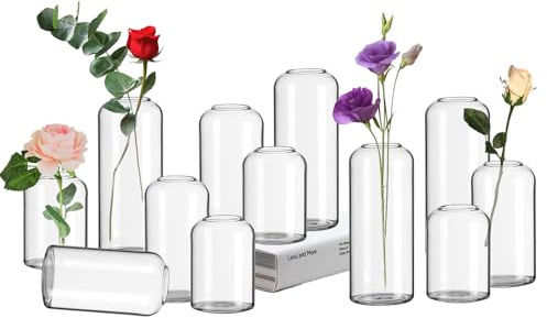 Hewory Vaser med hög knopp, för blommor: 12 enkla blomvaser, cylinder, små vaser för bordsdekoration, klar liten glasvas för bröllopsdekorationer, babyshower, heminredning fest