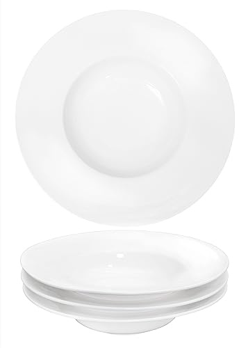 jinsongdafa Pasta Plates with Rim 12 oz, Soup Bowl Pasta Bowl Set of 4, White Shallow Bowl Plate, Ceramic Wide Rimmed Soup Bowl, Best choice for high-end restaurants, hotels, and foodies, 10 Inch