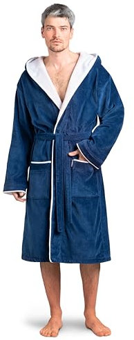 Twinzen Bademantel Herren Frottee Velour Königsblau - Baumwollsamt - Morgenmantel Herren Baumwollvelours Bademantel Herren Baumwolle OekoTex Extra weich Größe XL