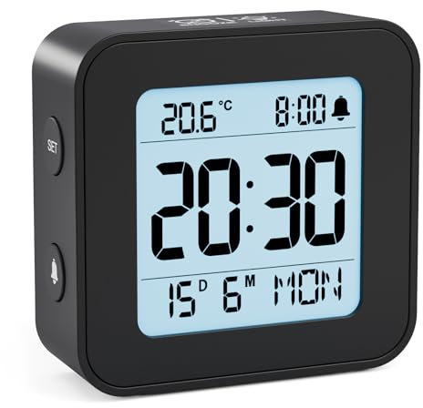 LATEC Alarm Clock Bedside Battery Powered LCD Digital Clock with Date & Day, Snooze, Temperature, 12/24H, Backlight, 3 Volumes, Silent Travel Small Clock for Heavy Sleepers Included Battery Black