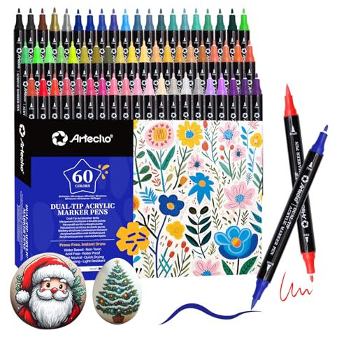 Artecho Acrylstifte 60 Farben, 0.5-5mm Wasserfester Dual Tip Marker (Pinsel und feine Spitze), mit doppelten Enden für Rock Painting, Glas, Papier, Holz, Ei, Leinwand, Keramik, Stoff, DIY Crafts