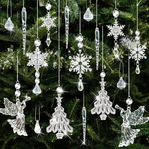 63 Pezzi Fiocchi di Neve in Cristallo, Acrilico Trasparente Ornamenti Decorazioni per Albero di Natale, DIY Ghiacciolo Con Fili da Appendere Pendenti, Decorazioni Natalizie Christmas Decorations