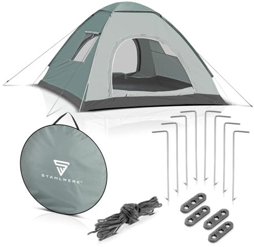 STAHLWERK Campingzelt Z-200 ST 200 x 200 cm selbstaufbauendes Pop-Up-Zelt | Wurfzelt | Igluzelt | Faltzelt | Kuppelzelt | Trekkingzelt | Zelt für 2-3 Personen inklusive Transporttasche
