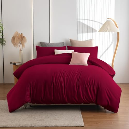 Soifox Bettwäsche 180x200 Rot - aus Mikrofaser Bügelfrei & Knitterfrei Bettbezug 180 x 200 Set mit 80x80 cm Kissenbezug 2er Set Bettwasche mit Reißverschluss