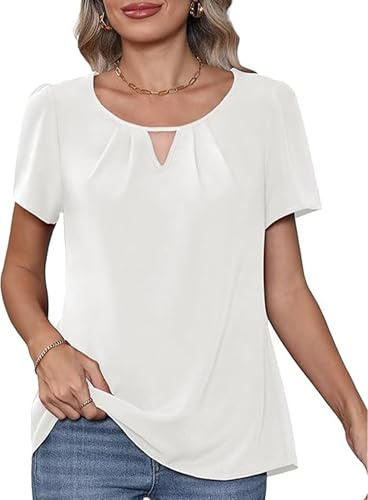 YGJIEGENG Womens Tops Short Sleeve Summer Womens Blouses Chiffon T Shirts | Pleated Round Neck Casual Elegant Ladies Tops Loose Flowy Shirts Blouse Work Business and Going Out,S-2XL