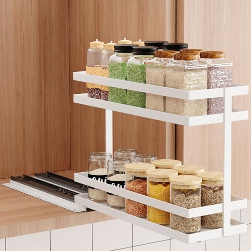 Mustorn Especiero Deslizable, Metal De 2 Niveles Organizador Especias Cocina, Spice Rack, Spice Organizer, Estante Especias, Especiero Cajon(1 Pieza, Blanco)