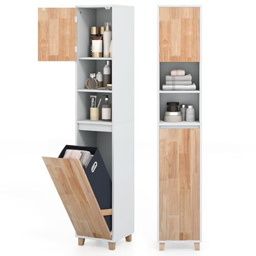 COSTWAY Badezimmerschrank mit Wäschekorb, Bad Hochschrank mit 2 offenem Fächern, Badschrank Holz, inkl. herausnehmbarer Wäschesack, Aufbewahrungsschrank 32 x 31 x 170,5 cm, Natur