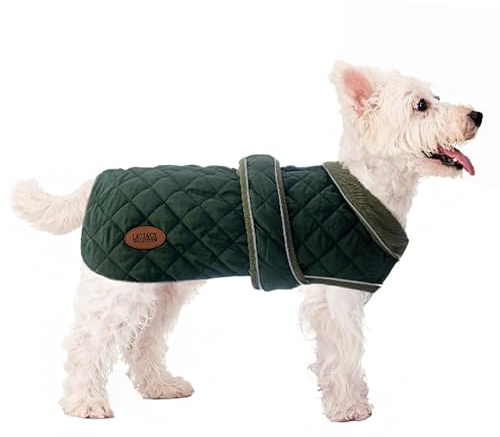 HugglePets Legacy Quilted Dog Coat | Khaki Green | Adjustable Belly Strap with Zipped Collar | Thermal Dog Coat with Harness Hole | Reflective Winter Adult and Puppy Jacket | X-Small (30cm)