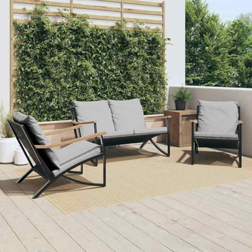Tonture 3-TLG. Balkongmöbelset svart, pulverlackerat stål, textilen, ljusgrå kudde, 120 cm bänk, utomhus trädgårdsmöbler, loungeset för terrass