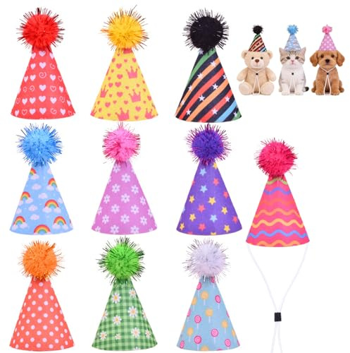 Set di 10 cappellini da festa Mini Cappelli da Festa piccoli cappelli a forma di cono con Pompon Fascia Regolabile Colorati per Compleanno Animali Giocattolo Cani e Gatti