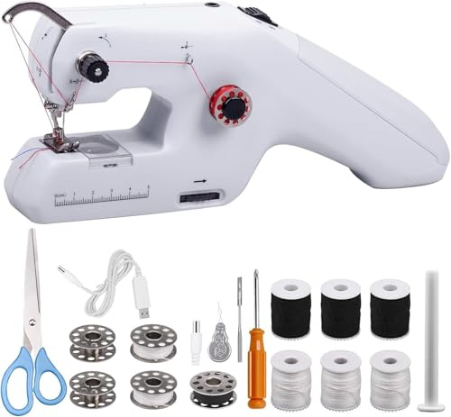Onherm Máquina de Coser Eléctrica Portátil, Máquina de Coser Manual de Doble Hilo, Equipada con Aguja e Hilo, Adecuada, Aplicable a Ropa, Cortinas(Pilas No Incluidas)