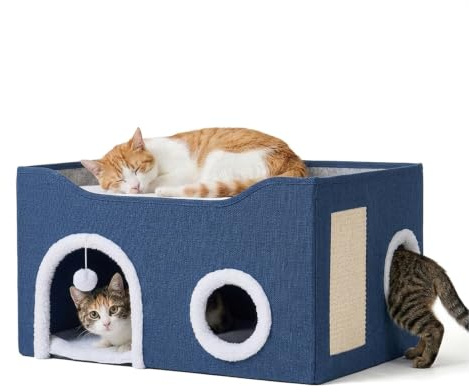 Relaxdays kattkoja, H x B x D: 34 x 60 x 40 cm, klösyta, blå | Lekboll, 2 kattkuddar, hopfällbart kattbo