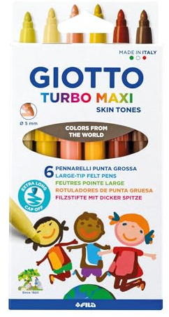 Giotto Turbo Maxi Supertvättbara Fiberpennor, Stor Spets 5 mm, 6 Hudton Blandade Färger, Perfekt För Barn, Fester Och Skolor