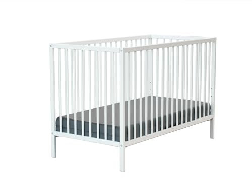 Webaby - Babybett Holz 60x120cm Weiß | 124 x 64,5 x 82 cm |Kinderbett | Von Geburt an | Schlafkomfort | Lattenrost | Bett mit Gitterstäben | Verstellbarer Lattenrost in 3 Höhen