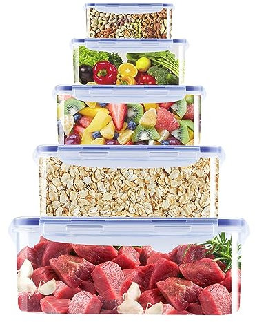 10 Pcs Food Storage Containers, Large Stackable Plastic Kitchen Storage Containers Sets, Leak-proof Airtight Reusable Meal Prep Containers, Microwave Freezer Safe Lunch Boxes. (5 Boxes+5 Lids)