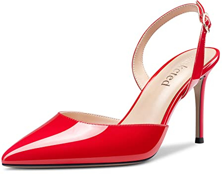 Saekcted Women Stiletto High Heel Slingback Ankle Strap Pumps Court Shoe Slip-on Clear Dress Wedding Sandals Pointed Toe 8 CM Heels Red 9 UK
