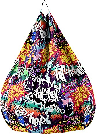 Treer Fodera per Pouf a Sacco, Senza Imbottitura, Poltrona a Sacco per Interni ed Esterni, Stampa Hip-Hop Graffiti Strada Colorato Fodera per Pouf a Pera per Adulti e Bambini (100x120cm,Stile C)