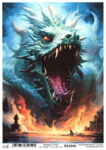 Josys Bastelmärchen Reispapier A4 Strohseide Decoupage Drache Drachen Dragon mystisch Fantasy RE2959