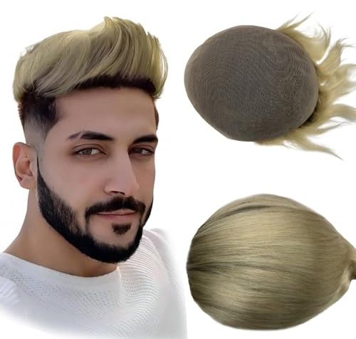 NLW Full Lace Hair Toupee for Men, European Straight Human Hair Replacement System, Natural Gentlemen Hairpiece, 8x10 Inch, Colour #T613 blonde