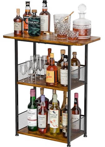 Eyteenokk Floor Standing Freestanding Whiskey Rack: 3 Tier Wine Rack Mini Bar Table Corner Wine Bottle Display Stand Liquor Cabinet Bar, for Bottles,Cocktail Shaker,Mugs