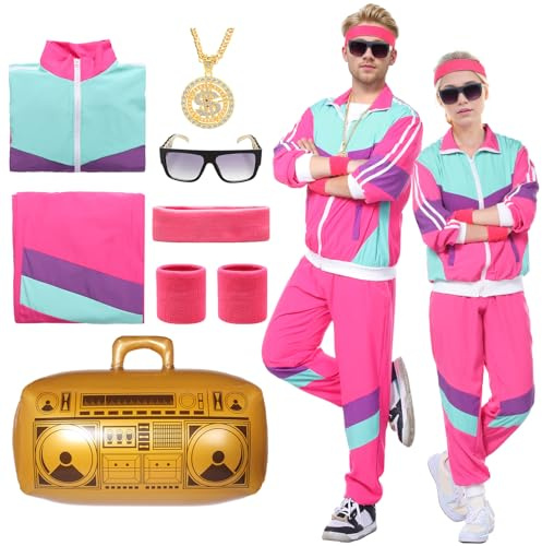 Costume Anni 80 Anni 90,Tuta Sportiva Retro Anni 80 Anni 90,Abbigliamento Anni 80,Unisex Tuta da Jogging 80 Anni Costume Outfit per Feste di Carnevale Halloween,con 6 Accessori (rosa blu, XXL)