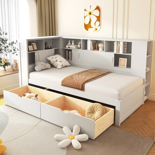 Kayan Platform bed with trundle & bookcase & USB,Single Bed-3ft(90 * 190cm),Household bed, Multifunctional bed,with 2 storage drawers, dust-proof cabinet and shelves, large storage space,white