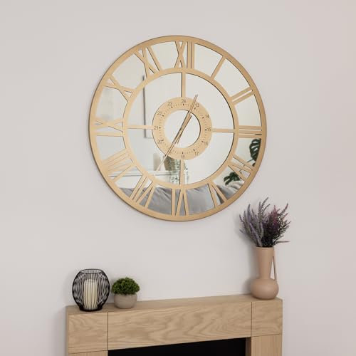 CHARLES BENTLEY Coniston Outdoor And Indoor Mirrored Wall Clock, Gold Coloured Coating, Skeleton Design, Quiet Ticking, Roman Numerals, Giant Open Face, Patio Clock, Living Room, Kitchen (80x80x5cm)