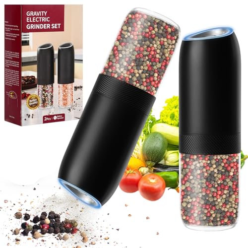 HOTUT Macina Sale e Pepe Elettrico, 2 Pezzi Macinapepe Elettrico, Alimentazione a Batteria AAA, con Macina in Ceramica Regolabile da Grossolana a Fine, Luce a LED, Macina Spezie Automatica per Cucina