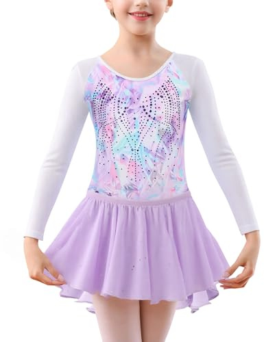 SEAUR Gymnastikanzug Mädchen Turnanzug Langarm Gymnastik Trikot mit Rock und Haarband Kinder Leotard Set Glitzer Mehrfarbig - 7-8 Jahre
