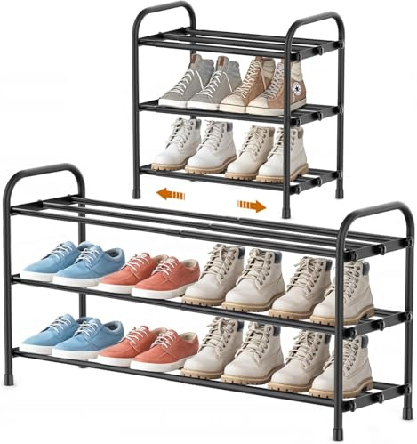 YUWHFEI Schuhregal Platzsparend, 3 Ebenen Shoe Rack Metall, Ausziehbar Schuhablage 45 to 80cm, Klein Schuhständer Schwarz, Schmales Schuh Regal für Outdoor, Flur, Garderobe, Eingangsbereich