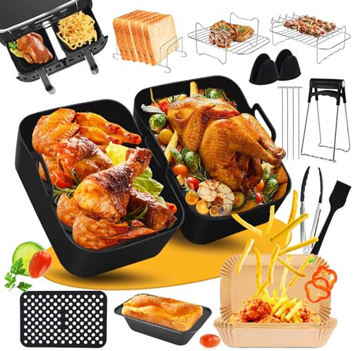 Accessori Friggitrice ad Aria Compatibile con Ninja Foodi Max Dual Zone AF400EU AF451EU AF300EU 7.6L-9.5L, Teglia Silicone per Friggitrice ad Aria con Teglie, Carta Forno, Griglie