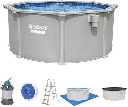 Bestway Hydrium Stahlwandpool Komplett-Set rund 305 x 122 cm Granitgrau Gartenpool Aufstellpool mit Sandfilteranlage