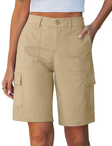 luvamia Bermuda Womens Elastic Waist Shorts Knee Length Casual Summer Mid Rise Cargo Pockets Knit Elastic Waist 11 Inch Inseam Women's Shorts with Pockets Sand Large US Size 12-14