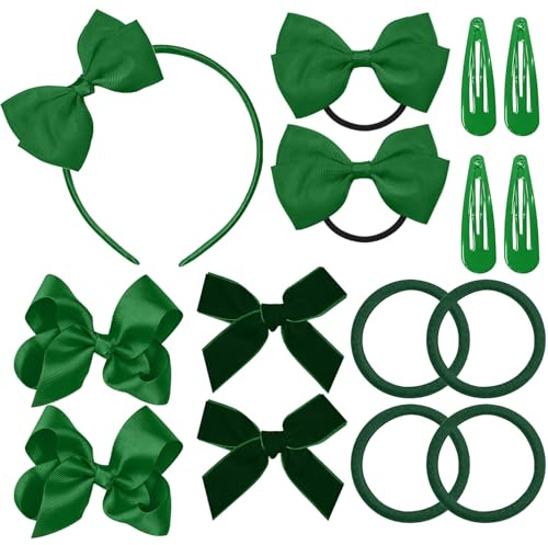 Juego de accesorios para el cabello verde para niñas – 15 piezas, clips con lazos y coleteros para estilo escolar y fiestas