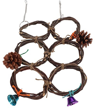 Alomejor Jouet Balançoire Suspendu pour Oiseaux, Branche de Pomme Naturelle, Anneau Circulaire, Filet d'escalade avec Cloches, Accessoires pour Cage à Oiseaux pour Animaux de Compagnie (6 Anneaux)