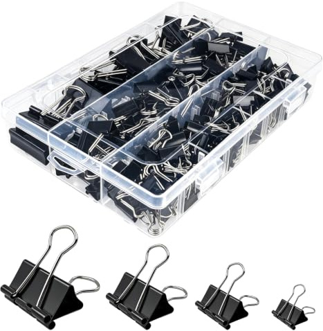 ZBXSNK 180Pcs Bulldog Clips, Assorted Size Binder Clips Foldback Clips | Small Medium Black Metal Paper Clips, Rust-Resistant, Strong Grip Stationary Clamps for Office, Home, Kitchen, Shops, School