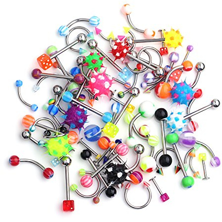 Ruifan 70PCS Body Piercing Jewelry Kit Set for Nose Septum Horseshoe Earring Eyebrow Tongue Nipple Lip Belly Button Ring Stud 14G 16G