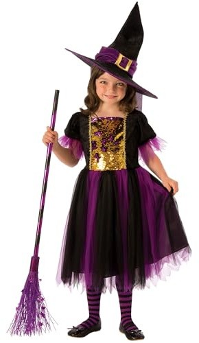 Rubies Disfraz Bruja Mágica para niñas, Vestido dorado y morado con sombrero, Oficial Halloween, Carnaval y Navidad