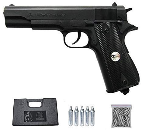 CLT125 BORNER Pack Pistola de balines (perdigones Bolas de Acero BB's). Arma de Aire comprimido CO2 4,5mm. Modelo Colt 1911. Potencia: 2.86 Julios