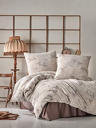 ZIRVEHOME Baumwolle Bettwäsche 200x220 cm Beige/Braun, Geblümt,100% Baumwolle/Renforcé 3 teilig Bettbezug Set mit 2 mal Kopfkissenbezug 80x80 cm.Verdeckter Reißverschluss, Model: Este V1