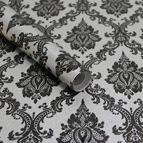 Micpolo 17.7×394 Black Peel and Stick Wallpaper Black Vintage Wallpaper for Bedroom Damask Contact Paper Removable Wallpaper Self Adhesive Vinyl Film Decorative WallCovering