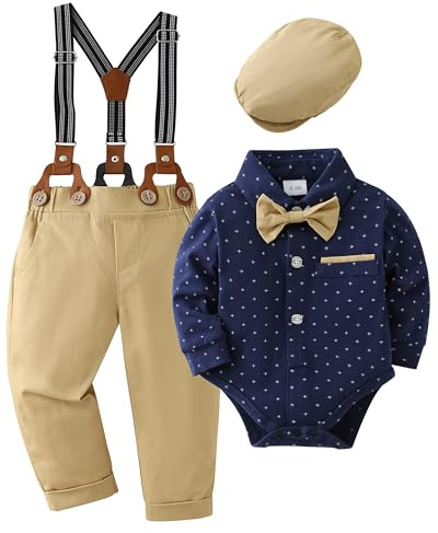ZOEREA Baby Boy Gentleman Outfits Clothes Set Long Sleeve Romper Jumpsuit with Bow Tie + Suspender Pants Infant Wedding Suit Clothing Sets Dark Blue,6-12 Months