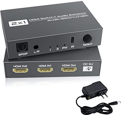 Kisdoo 2x1 HDMI Switch with TOSLINK Optical SPDIF & 3.5mm Stereo Audio Out, HDMI Switcher Audio Extractor 2 Inputs 1 Output with Remote 4K@60hz(YUV420), 2-Port HDMI1.4b Switcher Box with Audio