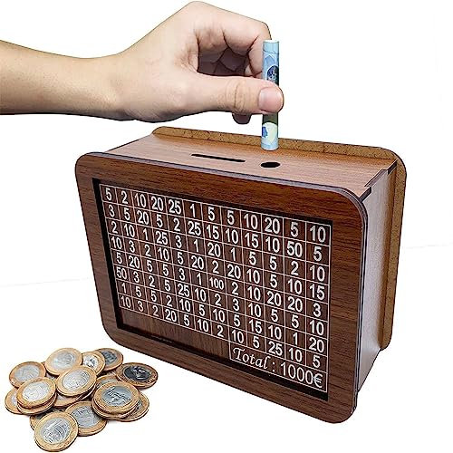 SansRealmL Cajas retro de Madera para Almacenamiento de Dinero - Cajas Reutilizables con Objetivos de Ahorro y Cifras para Comprobar